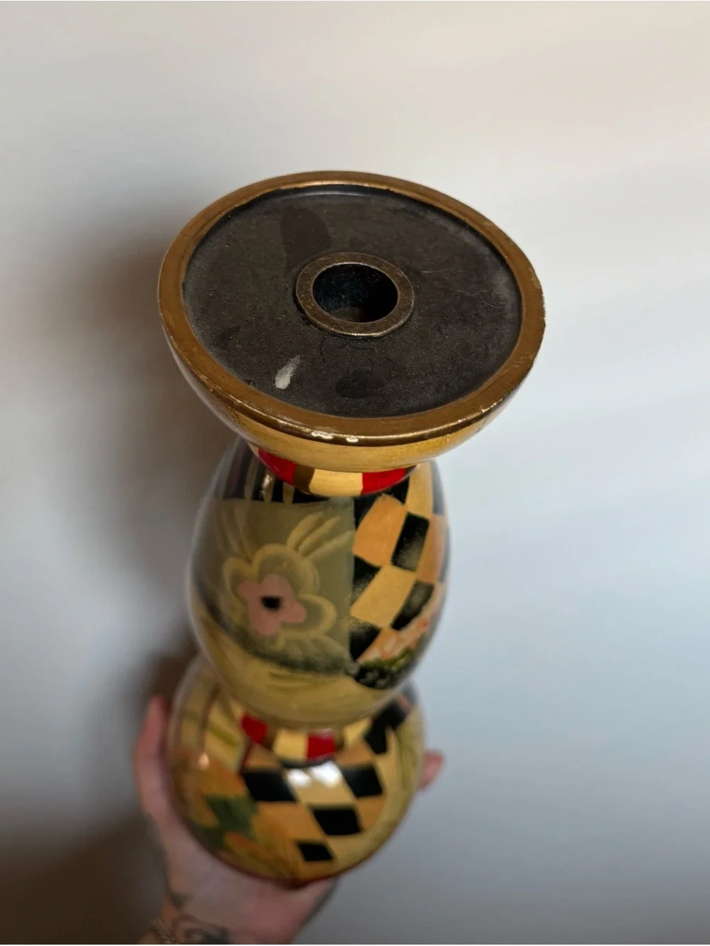 Bombay Company Candle Stick Holder Wooden Hand Painted Bold Decorated Pillar 13